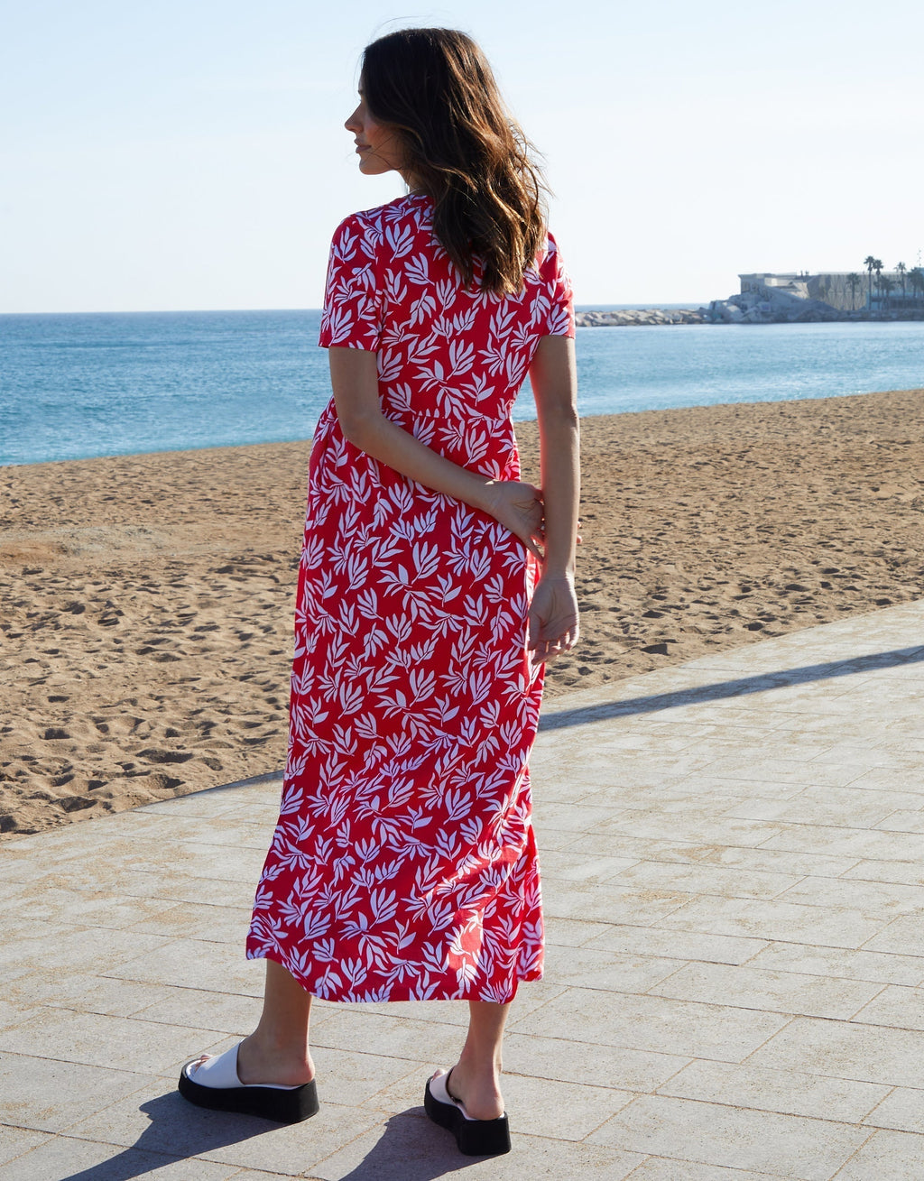 Women's Red Leaf Print Jersey Maxi Dress with Pockets Eco Trendt. shop