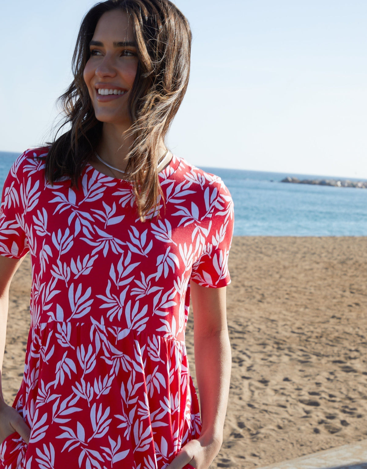 Women's Red Leaf Print Jersey Maxi Dress with Pockets Eco Trendt. shop