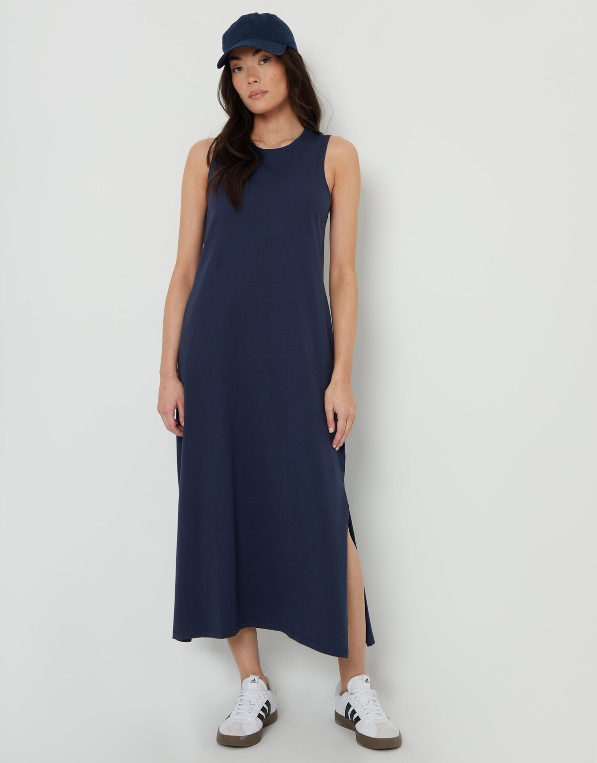 Women's Navy Sleeveless Jersey Midi Dress with Pockets Eco Trendt. shop