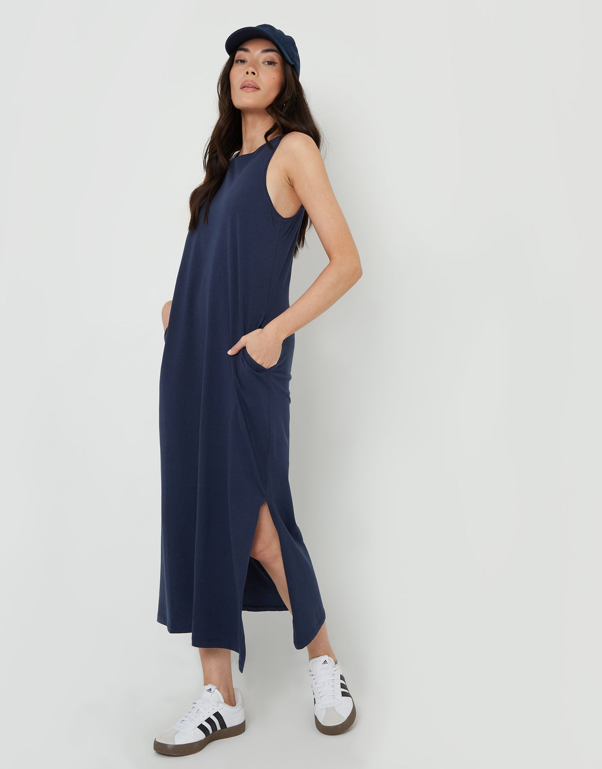 Women's Navy Sleeveless Jersey Midi Dress with Pockets Eco Trendt. shop