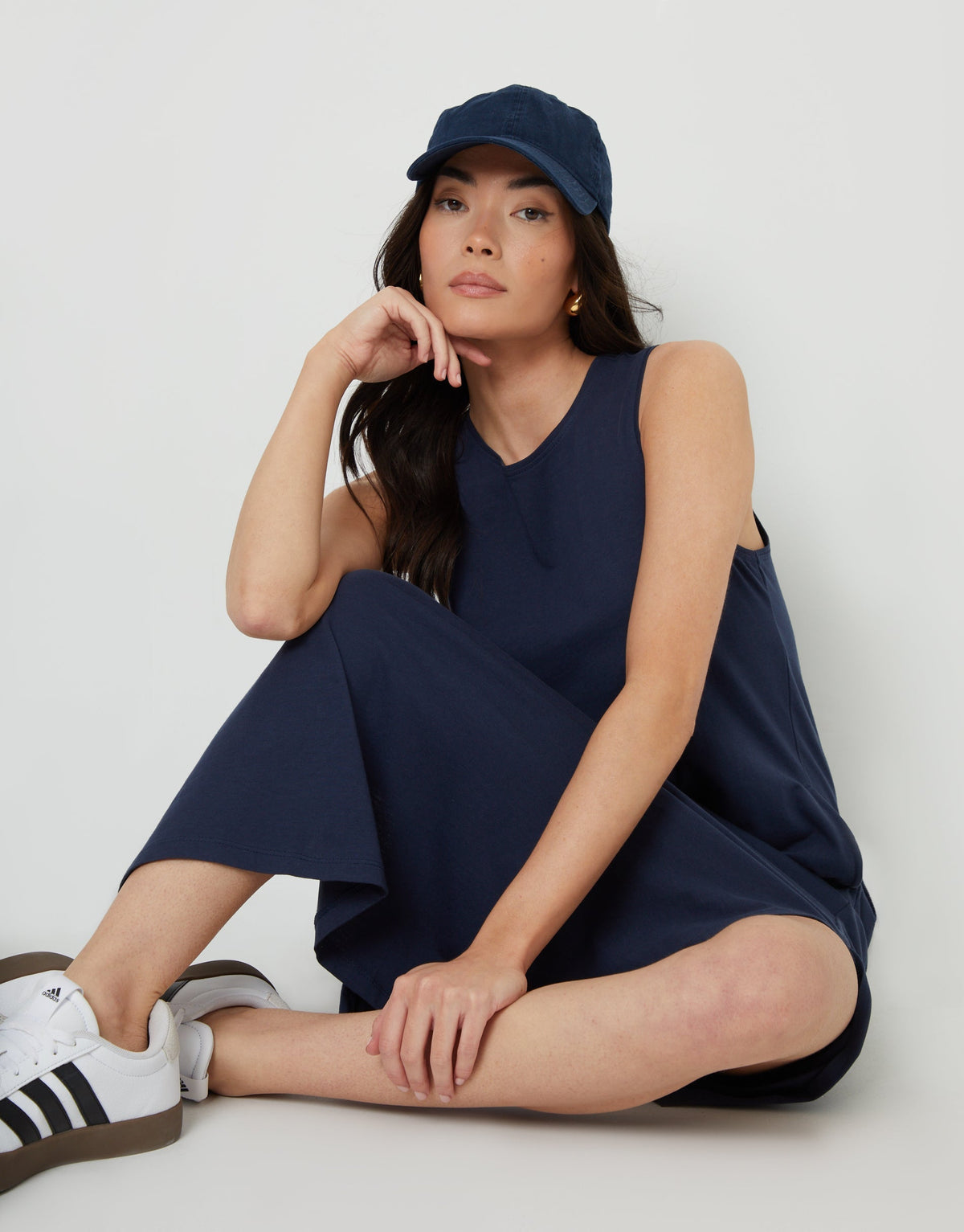 Women's Navy Sleeveless Jersey Midi Dress with Pockets Eco Trendt. shop