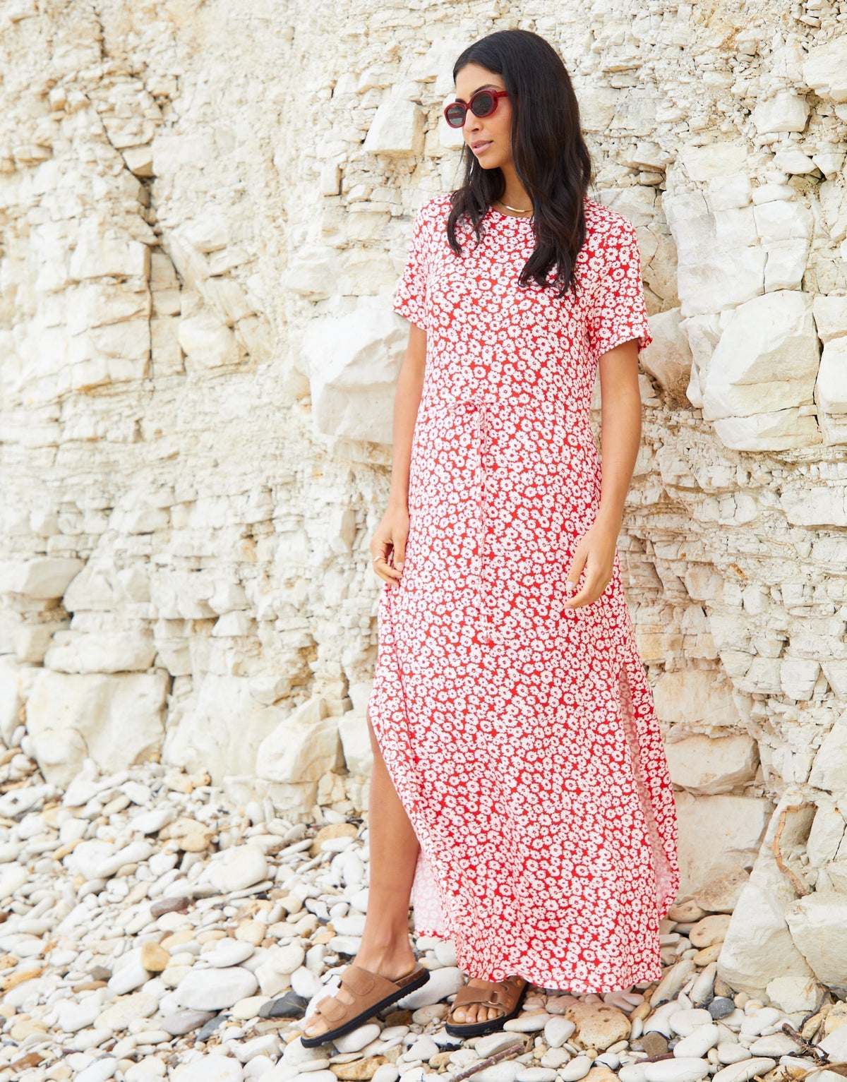 Women's Red Floral Ruched Waist Jersey Midi Dress with Pockets Eco Trendt. shop