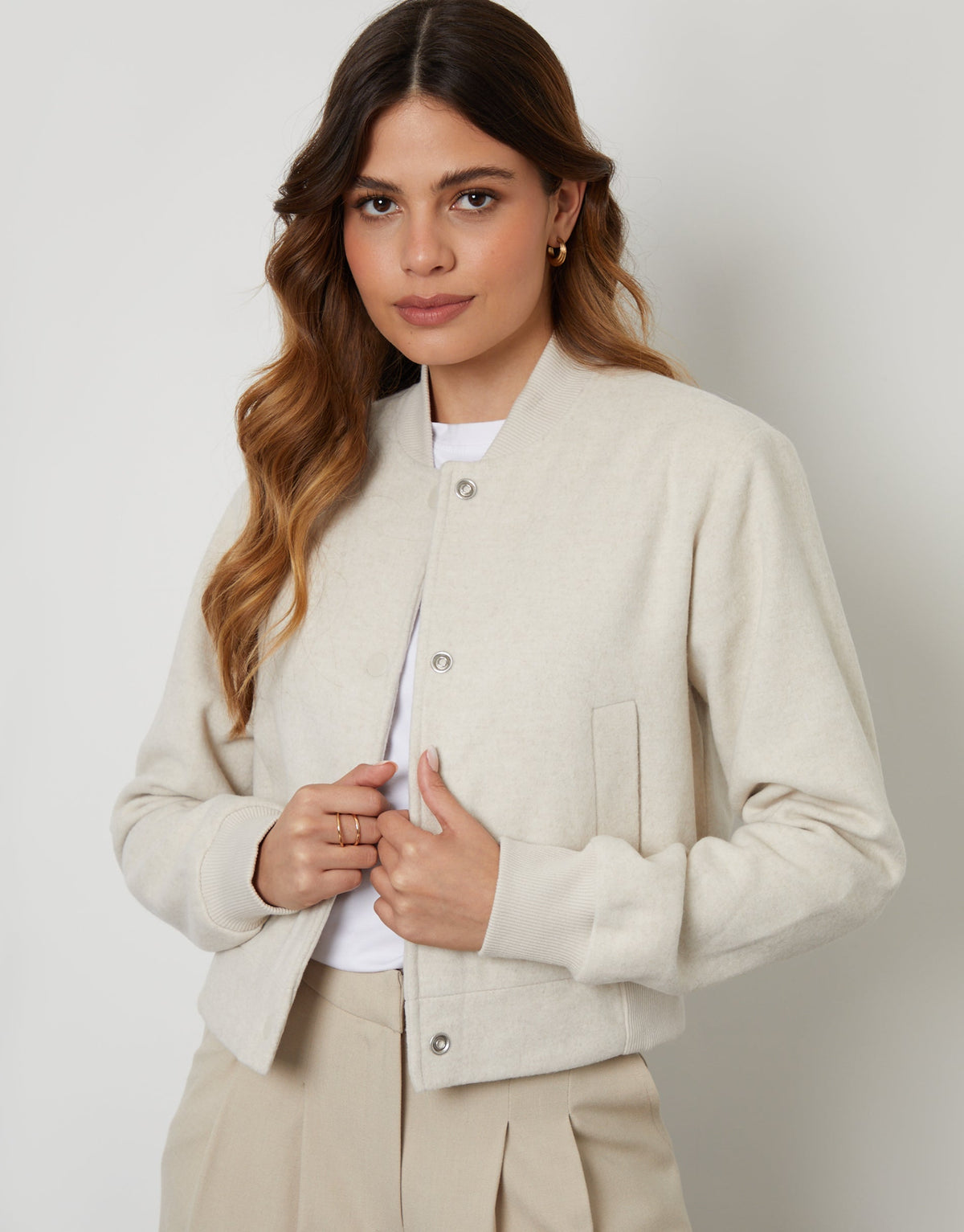 Women's Ecru Brushed Cropped Bomber Jacket Eco Trendt. shop