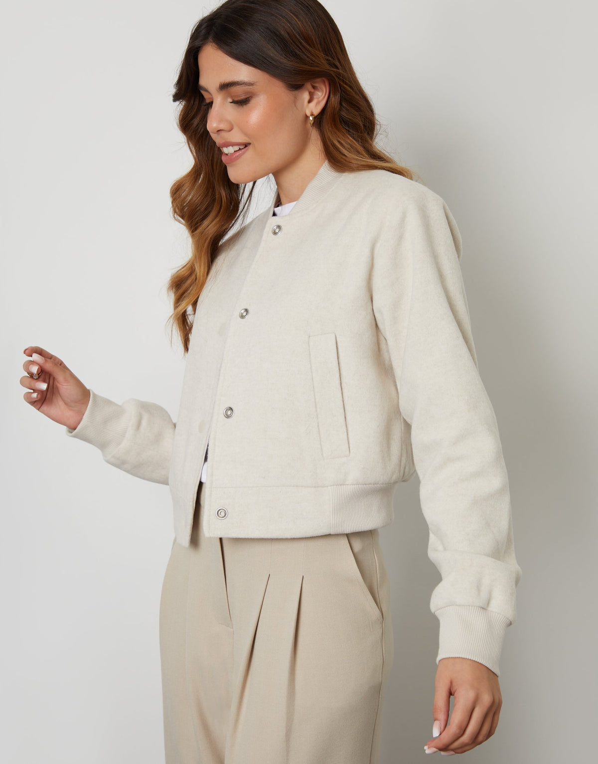Women's Ecru Brushed Cropped Bomber Jacket Eco Trendt. shop