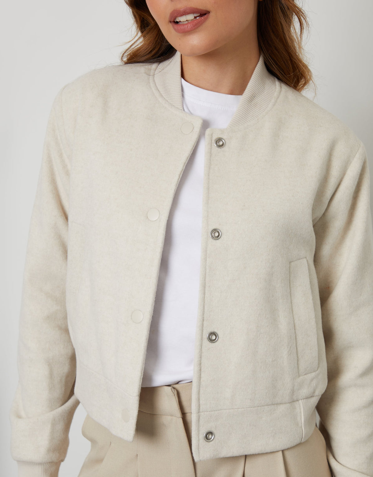 Women's Ecru Brushed Cropped Bomber Jacket Eco Trendt. shop
