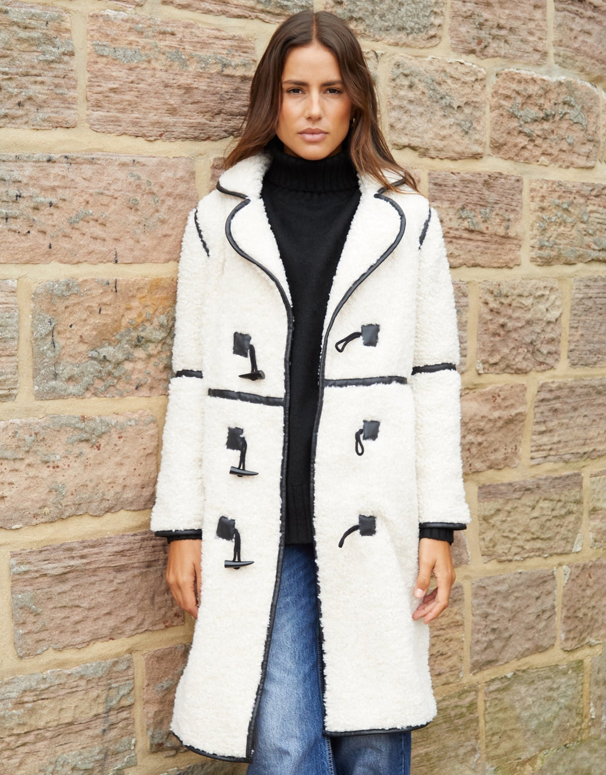 Women's Ecru Longline Fleece Borg Toggle Coat Eco Trendt. shop