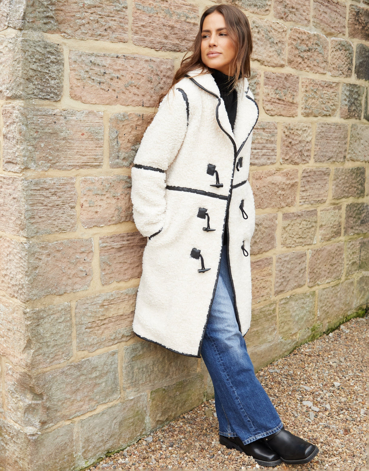Women's Ecru Longline Fleece Borg Toggle Coat Eco Trendt. shop