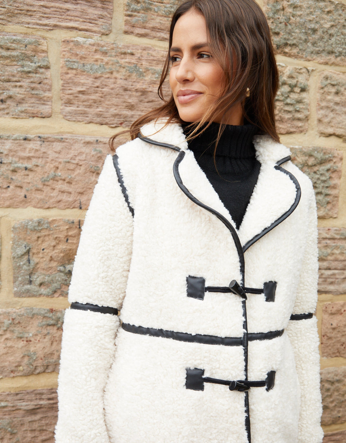 Women's Ecru Longline Fleece Borg Toggle Coat Eco Trendt. shop