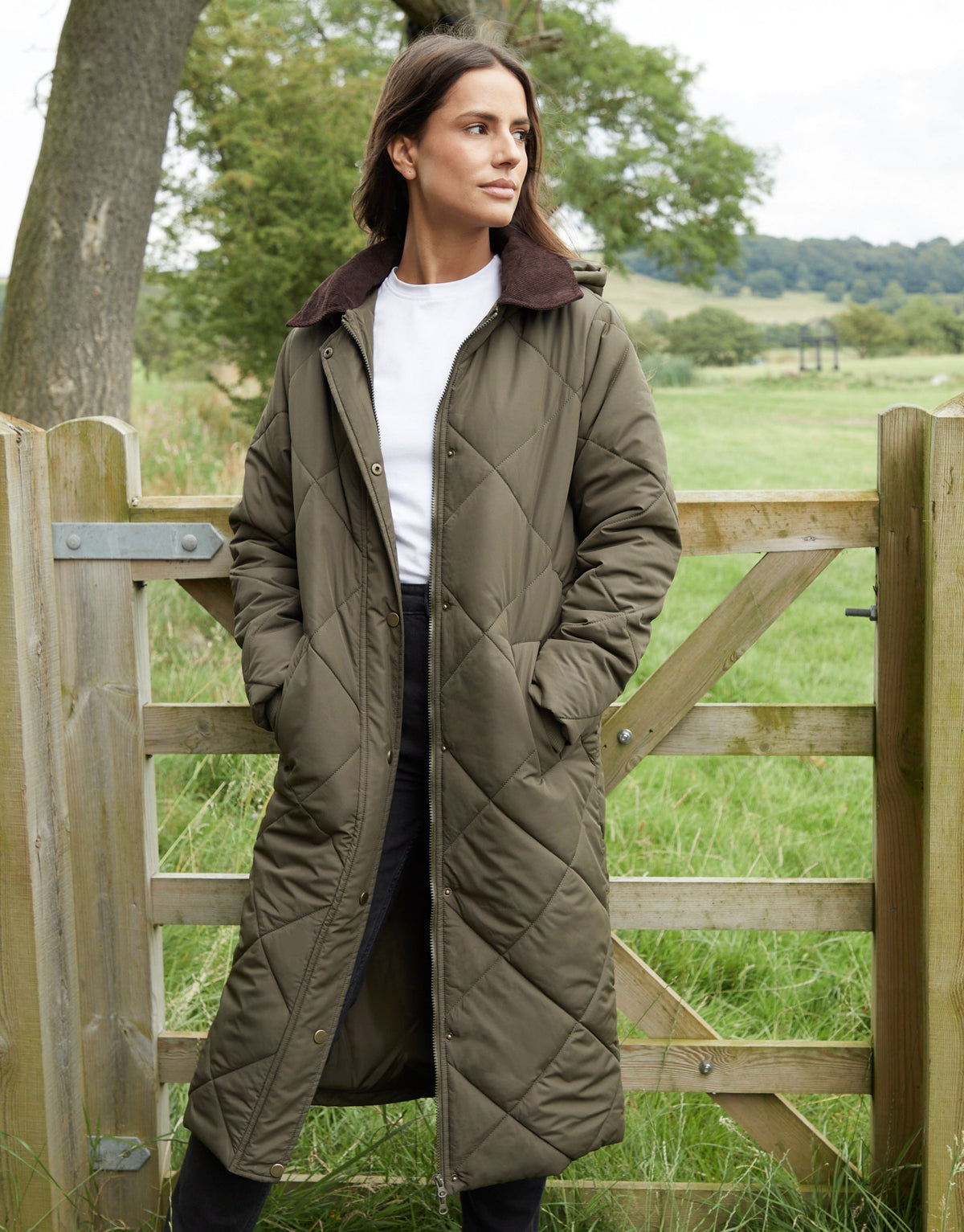 Women's Khaki Diamond Quilted Heritage Longline Barn Jacket with Removable Hood Eco Trendt. shop
