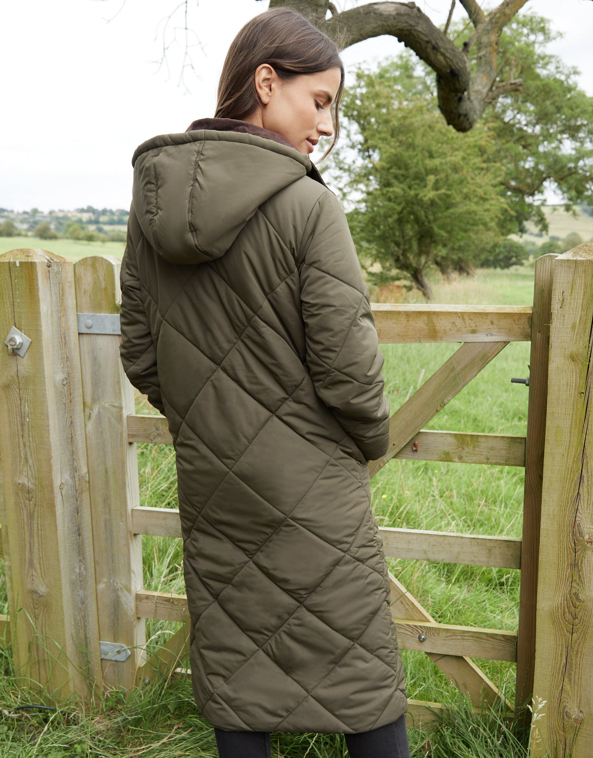 Women's Khaki Diamond Quilted Heritage Longline Barn Jacket with Removable Hood Eco Trendt. shop