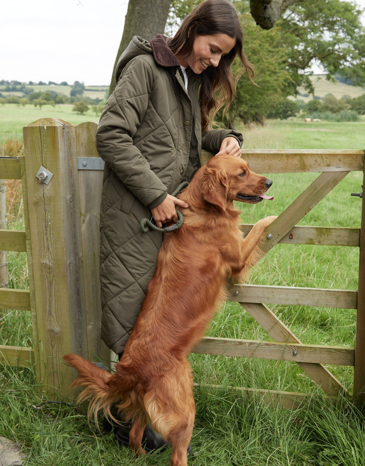Women's Khaki Diamond Quilted Heritage Longline Barn Jacket with Removable Hood Eco Trendt. shop