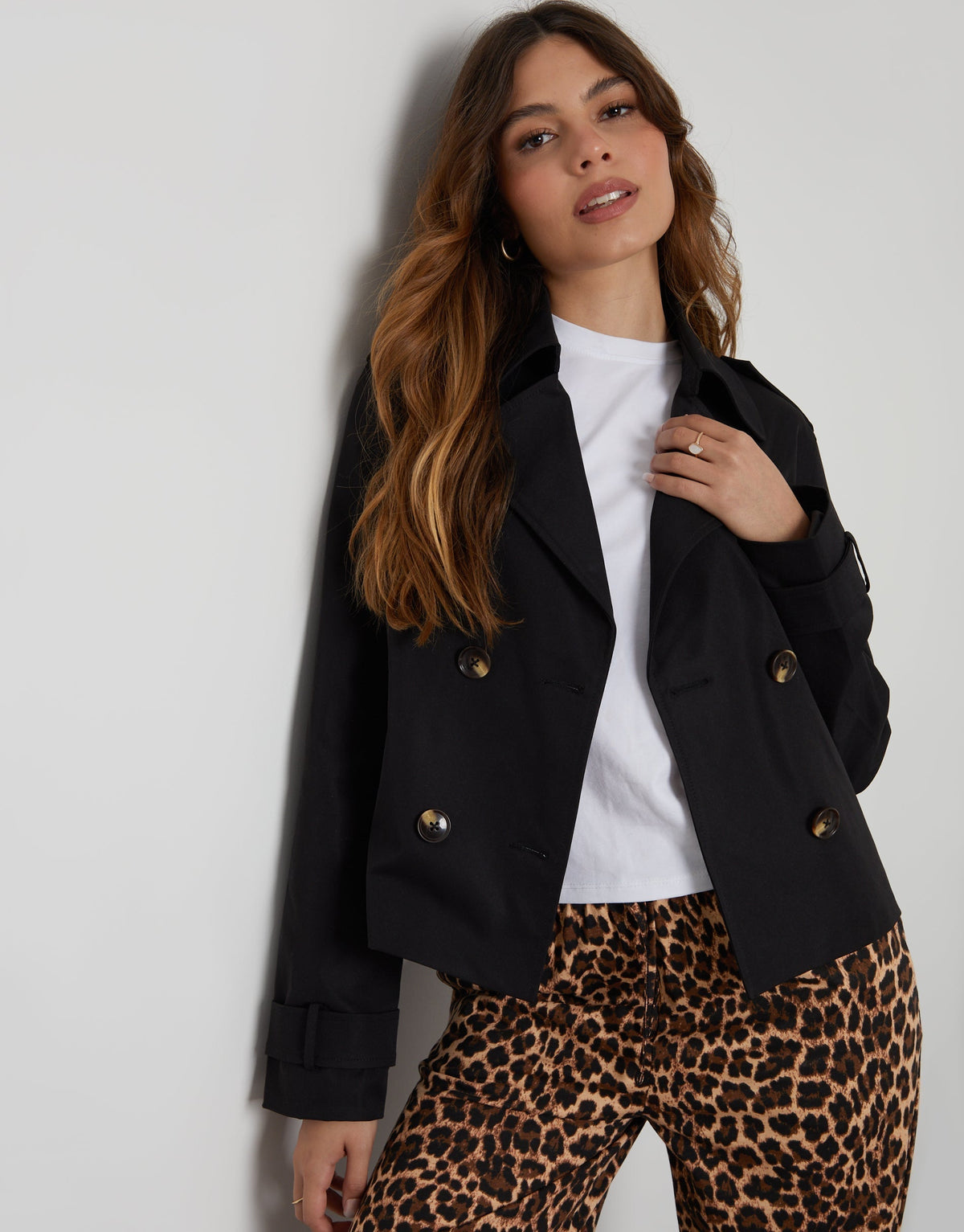 Women's Black Double Breasted Cropped Trench Coat Eco Trendt. shop