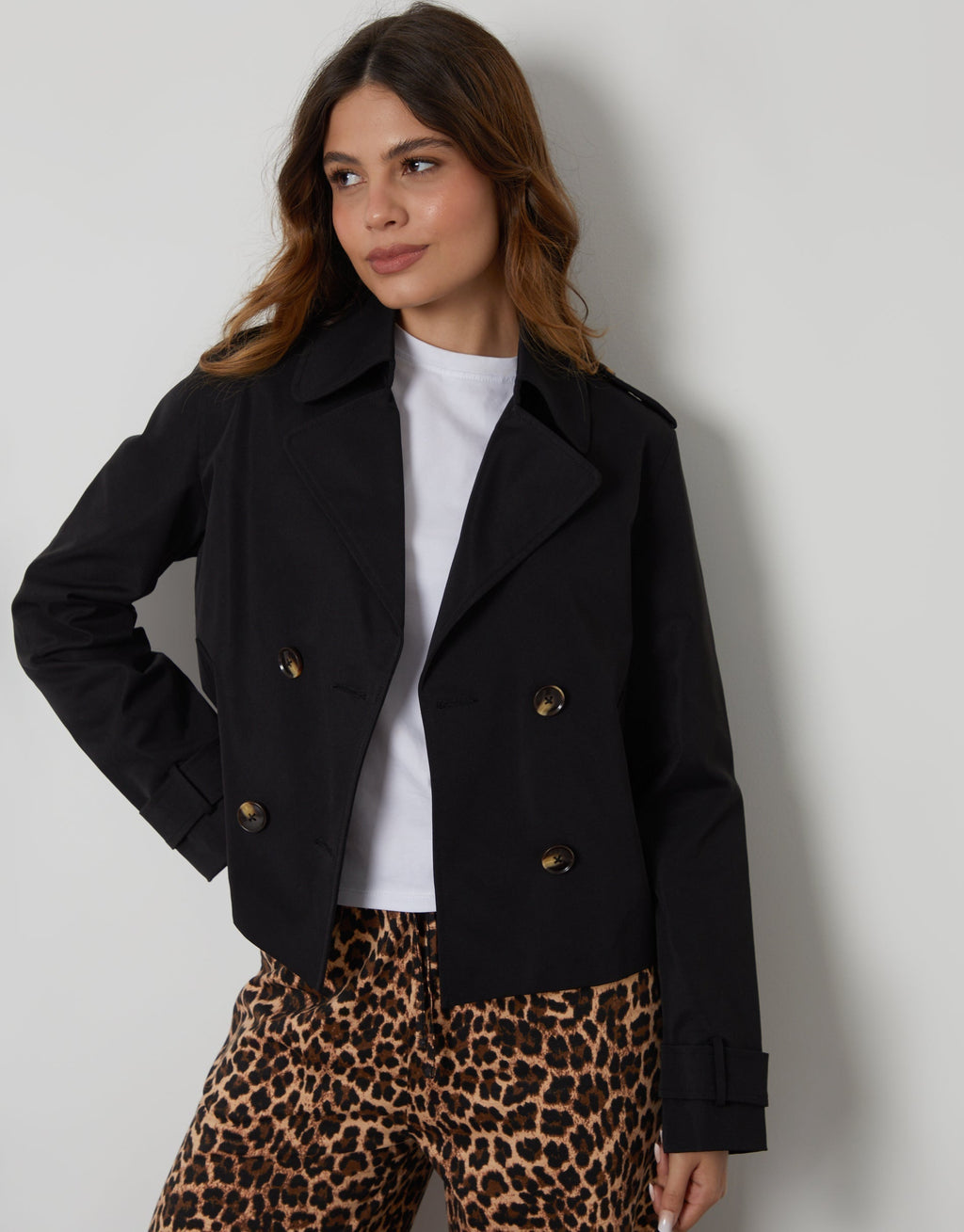 Women's Black Double Breasted Cropped Trench Coat Eco Trendt. shop