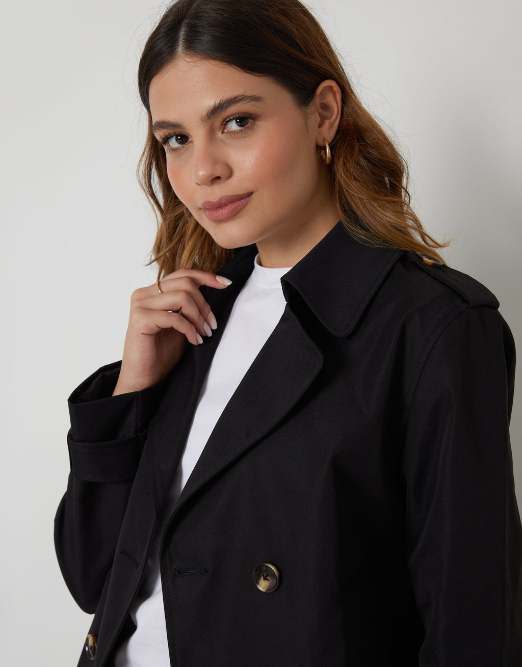 Women's Black Double Breasted Cropped Trench Coat Eco Trendt. shop