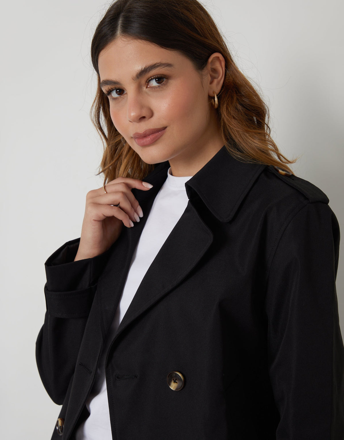 Women's Black Double Breasted Cropped Trench Coat Eco Trendt. shop