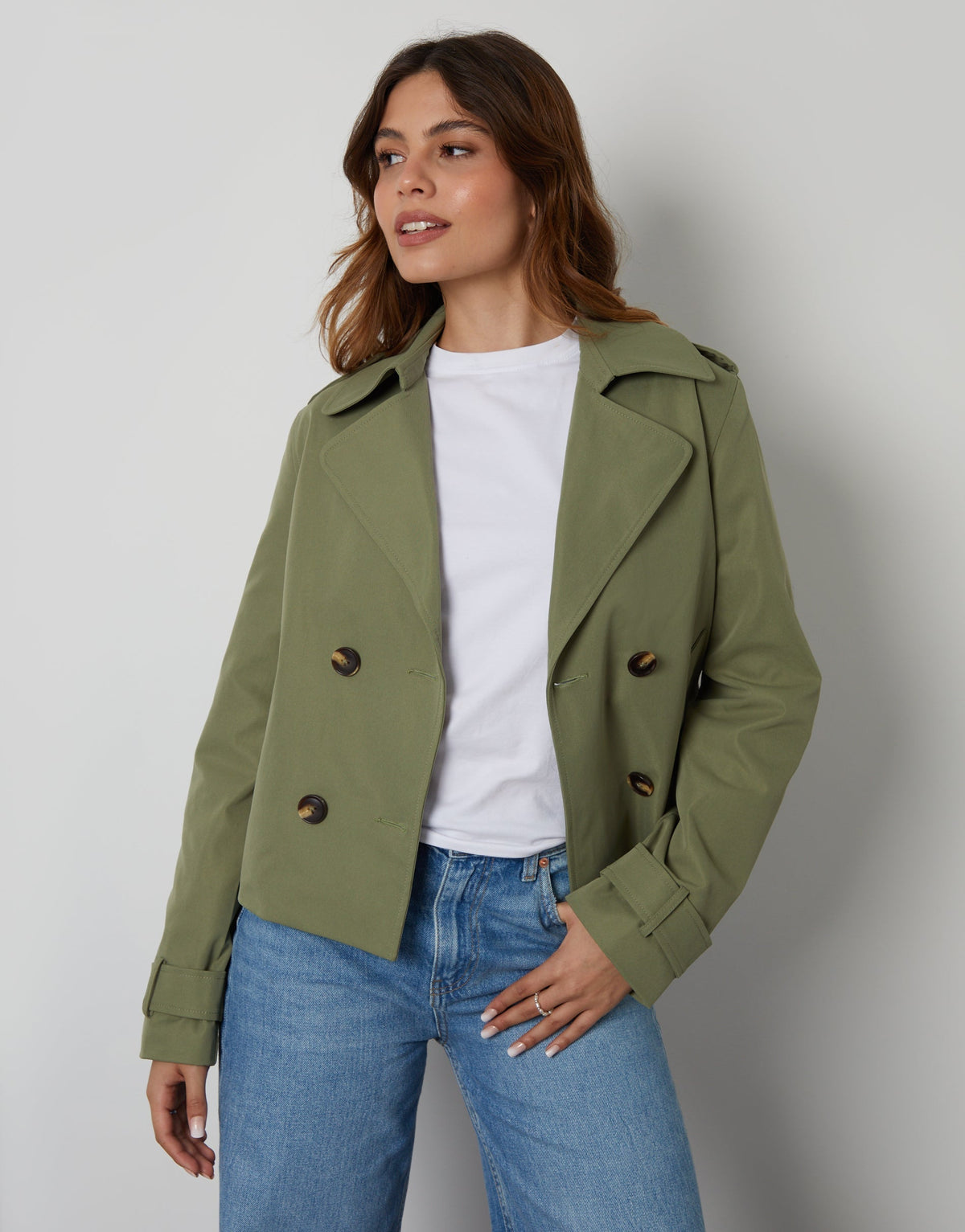 Women's Khaki Double Breasted Cropped Trench Coat Eco Trendt. shop
