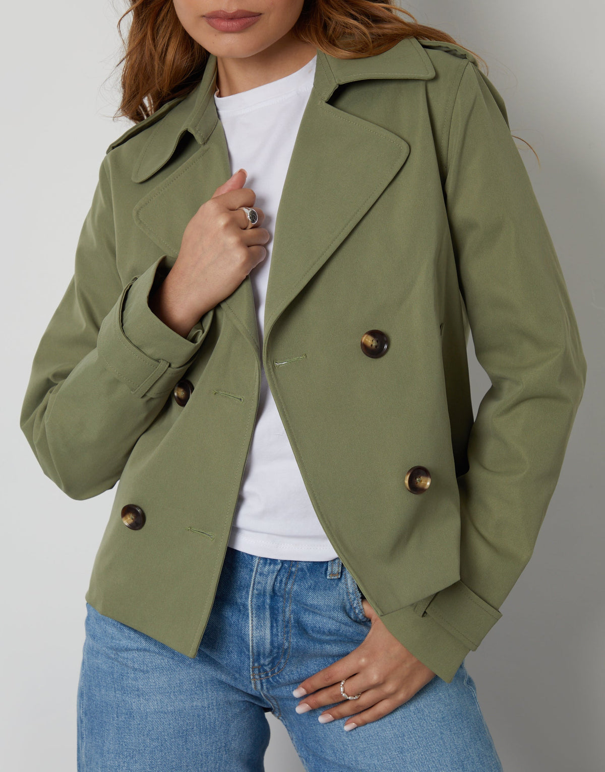 Women's Khaki Double Breasted Cropped Trench Coat Eco Trendt. shop