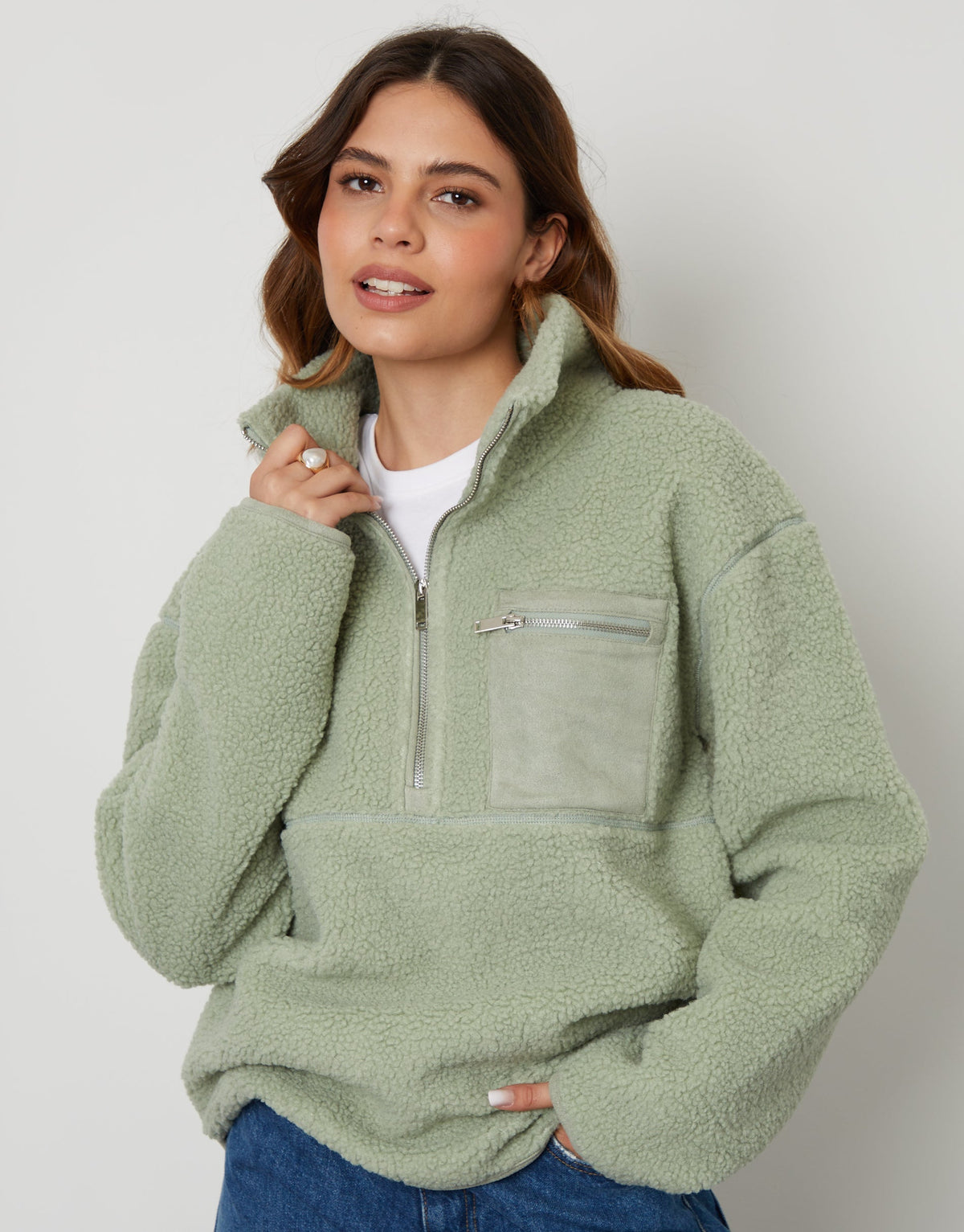 Women's Sage Half Zip Borg Fleece Eco Trendt. shop