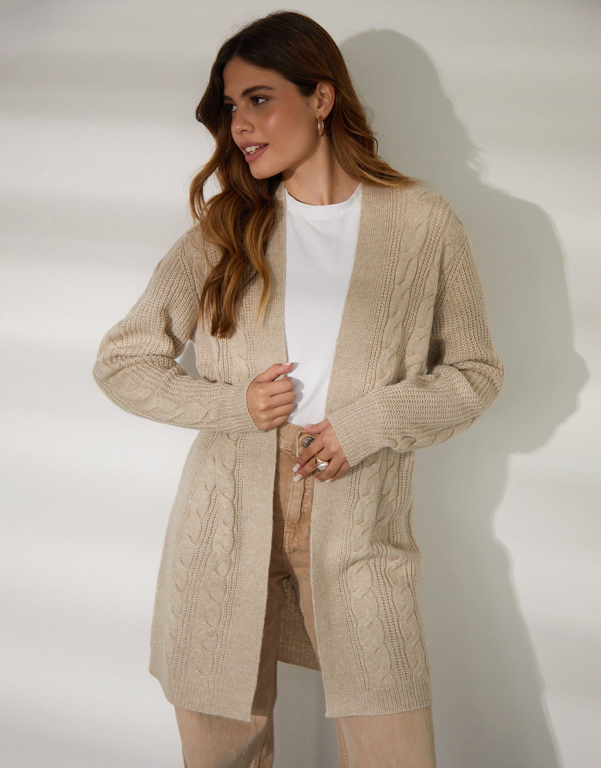 Women's Beige Cable Knit Cardigan Eco Trendt. shop