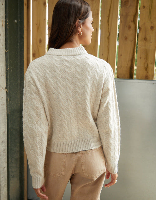 Women's Beige Cable Knit Zip-Up Bomber Jacket Eco Trendt. shop