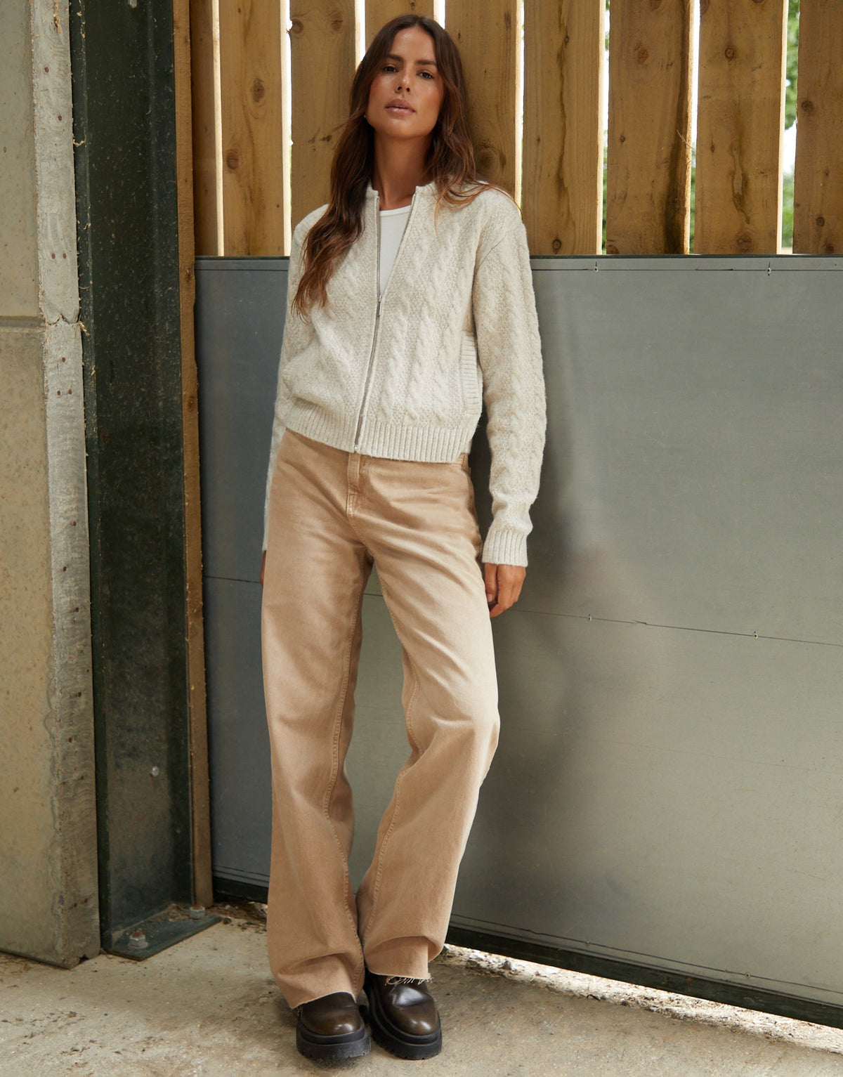 Women's Beige Cable Knit Zip-Up Bomber Jacket Eco Trendt. shop