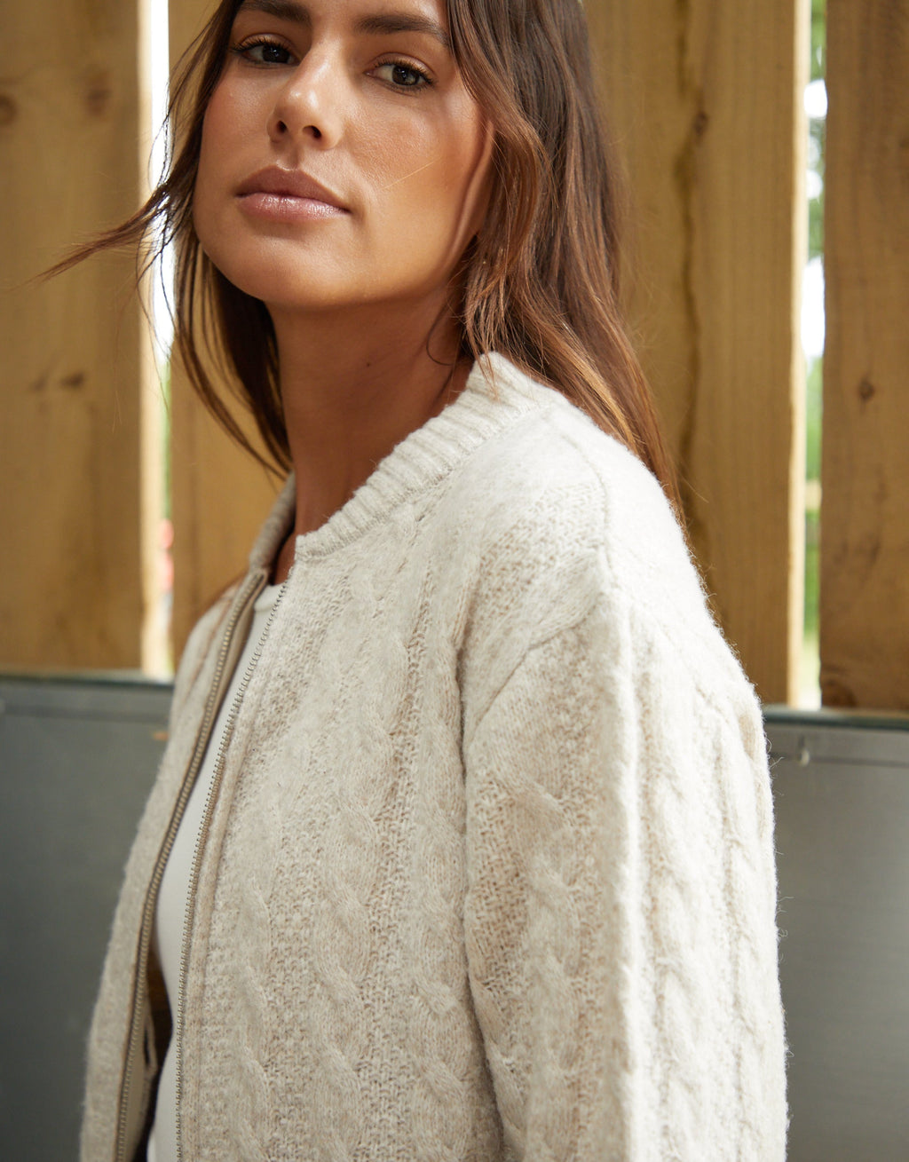 Women's Beige Cable Knit Zip-Up Bomber Jacket Eco Trendt. shop