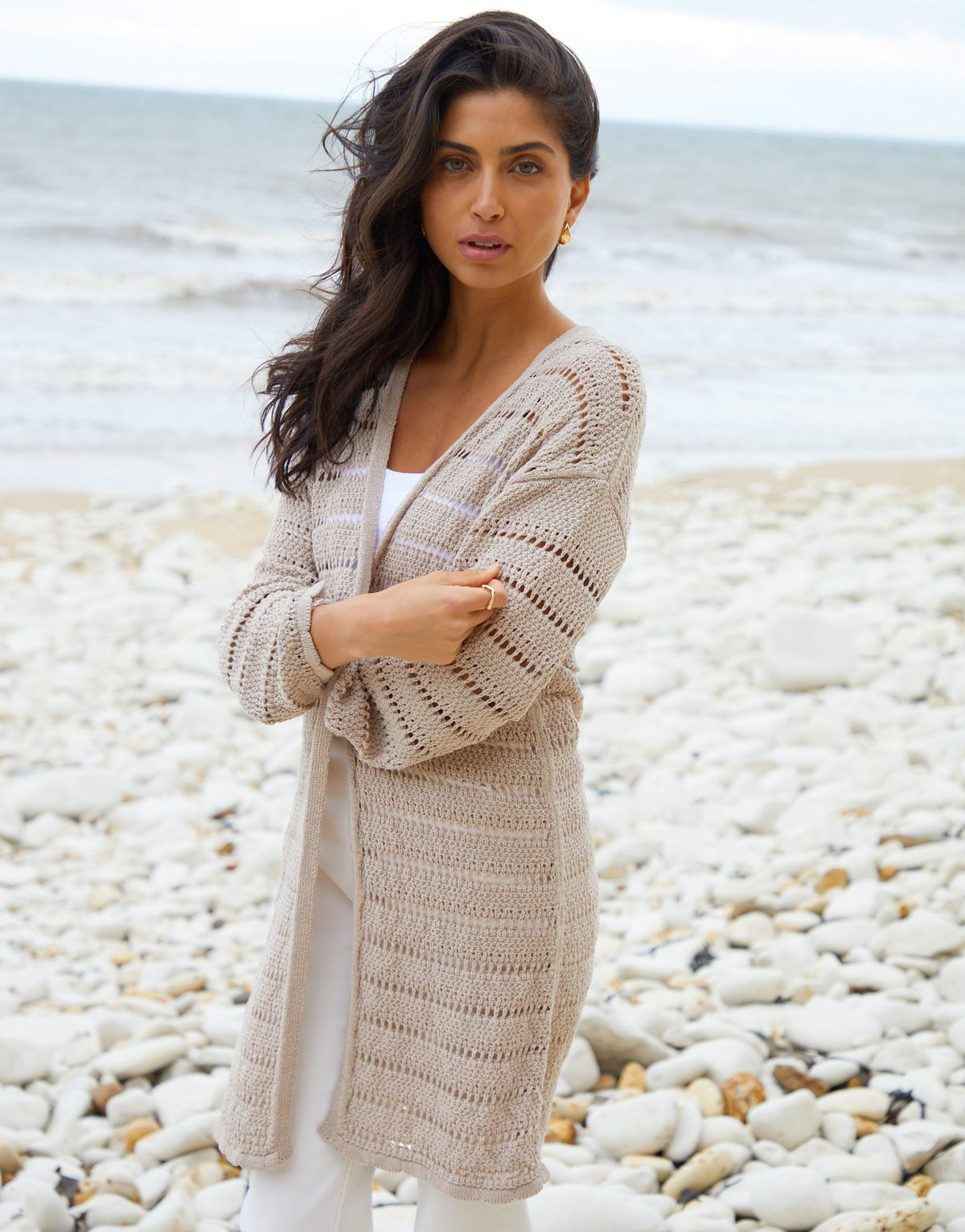 Women's Stone Longline Crochet Cardigan Eco Trendt. shop