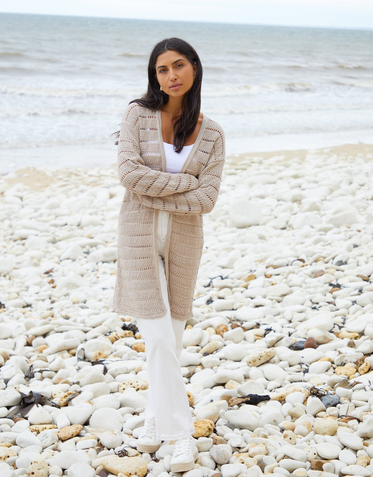 Women's Stone Longline Crochet Cardigan Eco Trendt. shop