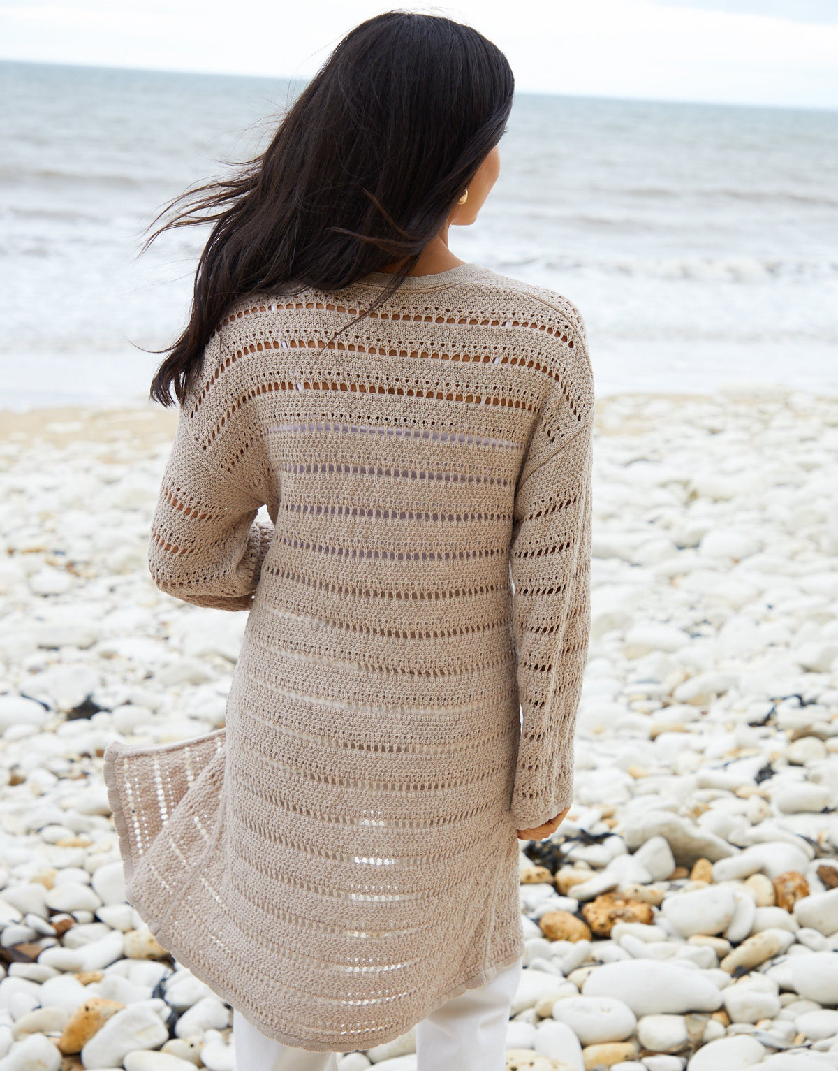Women's Stone Longline Crochet Cardigan Eco Trendt. shop
