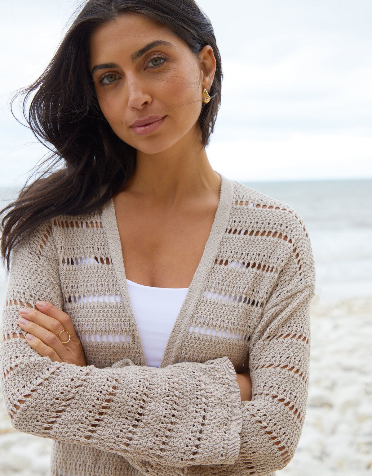 Women's Stone Longline Crochet Cardigan Eco Trendt. shop