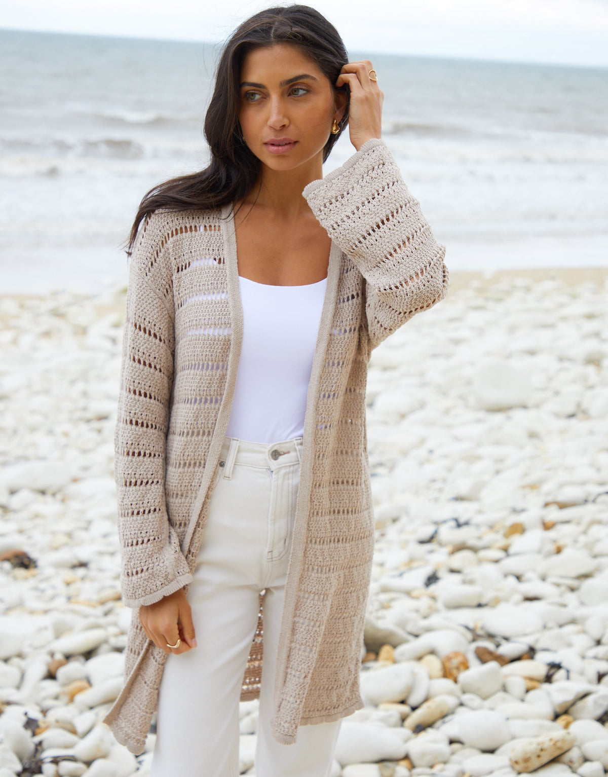 Women's Stone Longline Crochet Cardigan Eco Trendt. shop