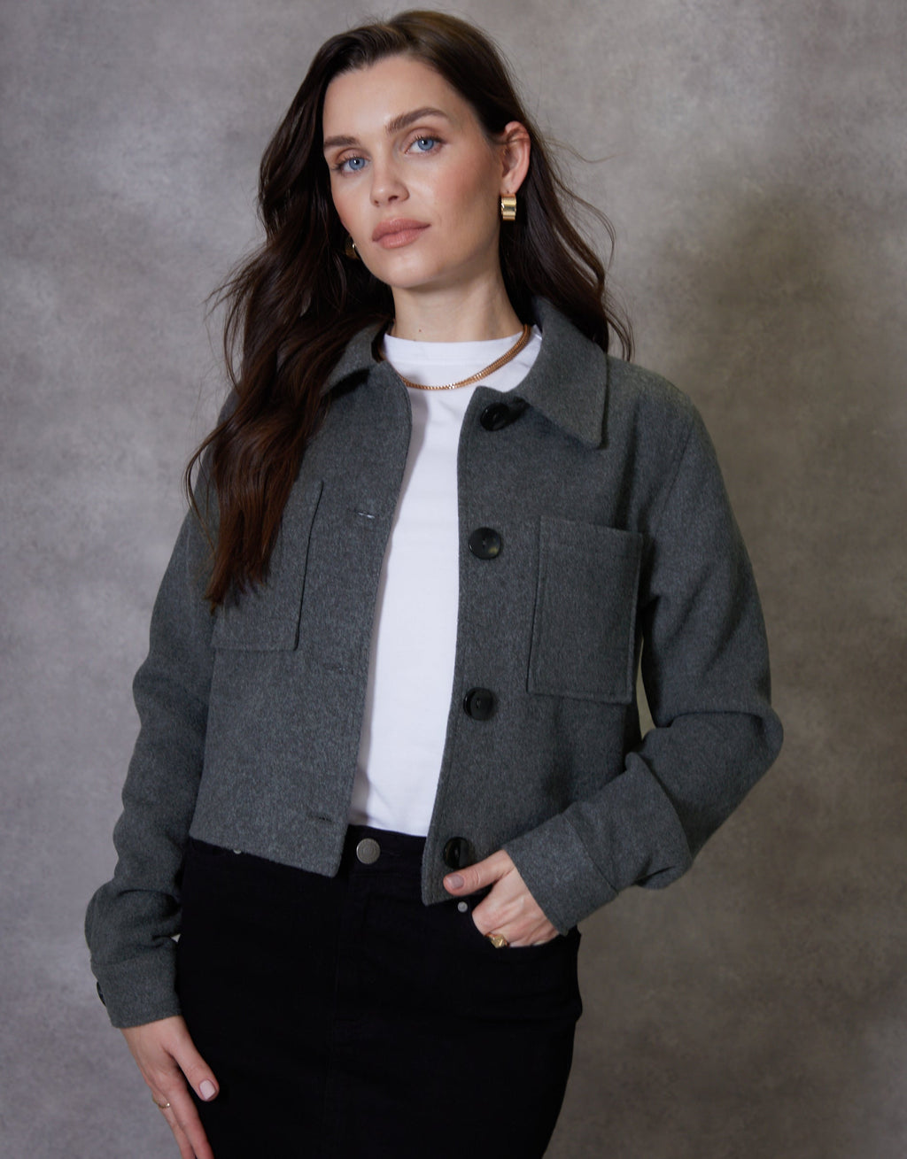Women's Charcoal Cropped Brushed Shacket Eco Trendt. shop