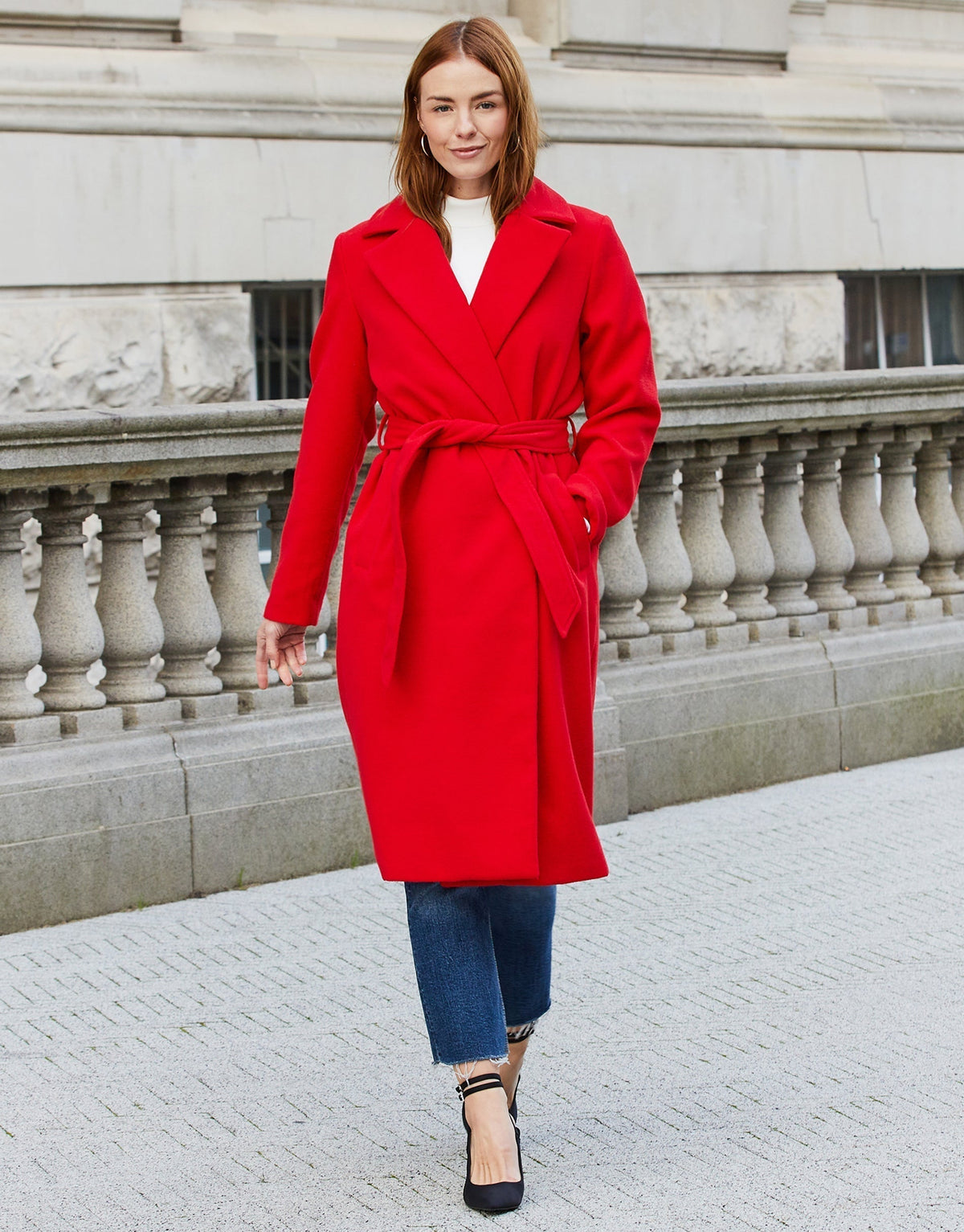 Women's Red Collared Belted Formal Coat Eco Trendt. shop