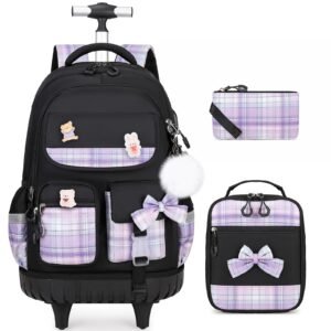 ACESAK Rolling Backpack for Girls - Roller Wheels School bag with Lunch Bag & Pencil Pouch for Teen Girls Kids Wheeled Suitcase Backpacks, Elementary Middle School Travel Daypack (Black Purple)